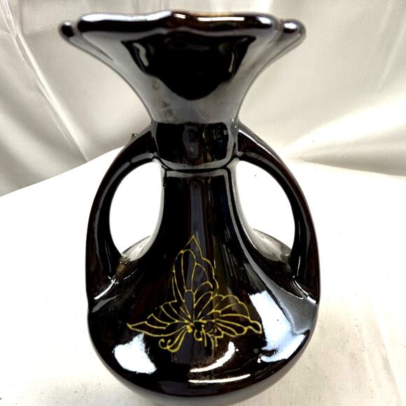 Japan Vase Double Handle Ceramic Hand Painted reddish brown 5.5" tall  4 wide - Picture 3 of 7